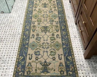 Hand Knotted Oushak Runner Rug: 3x8 Vintage Style New Zealand Wool