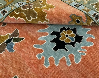 Hand Knotted Orange & Green Oushak Rug 5x8, 8x10, 9x12, 12x15 Area Wool Rug, Traditional and Vintage Rug for Home and Living.
