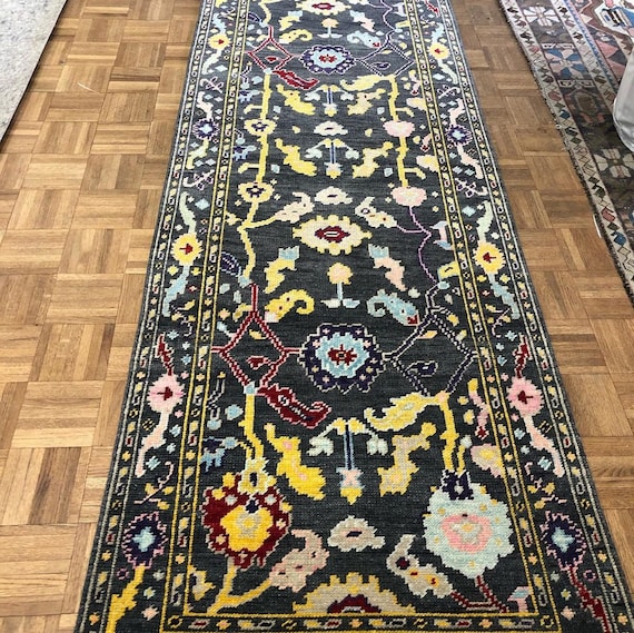 Oushak Entryway Runner Rug, Charcoal Gray Floral Carpet, 3x10 Oriental Hallway Rug - Vintage Area Rug for Living Room