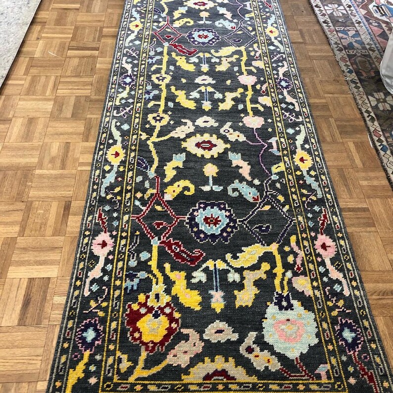 Charcoal Grey Floral Runner Rug,3x10 ft Oushak Rug
