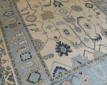 Hand Knotted Oushak Rug 5x7 8x10 Serene Blue and Ivory Turkish Carpet| Modern Boho Area Rug| Soft Tones Rug for Home and Living