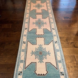 Blue and White Oushak Runner Rug for Home and Living, Traditional Handmade Geometric Turkish Rug