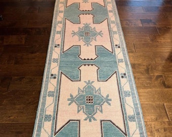 Blue and White Oushak Runner Rug for Home and Living, Traditional Handmade Geometric Turkish Rug