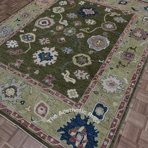 Hand Knotted Olive Green Oushak Rug: 8x10 Wool Turkish Carpet