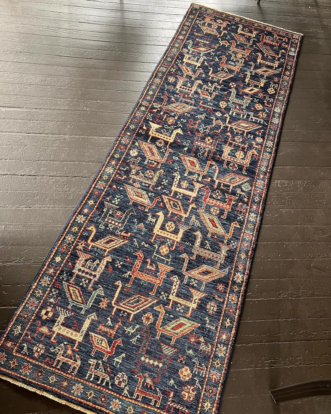 Handmade Persian Gabbeh Runner Rug 3x8, 3x10 Rich Blue With Geometric ...