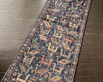 Handmade Persian Gabbeh Runner Rug 3x8, 3x10 Rich Blue with Geometric Animal Patterns - 100% Wool, Ideal for Hallways and Living Areas.