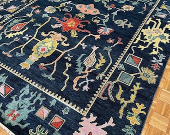 Stunning Blue Hand Knotted Turkish Oushak Rug 6x9 8x10 9x12 Traditional Area Wool Carpet for Living room, Bedroom and Kitchen