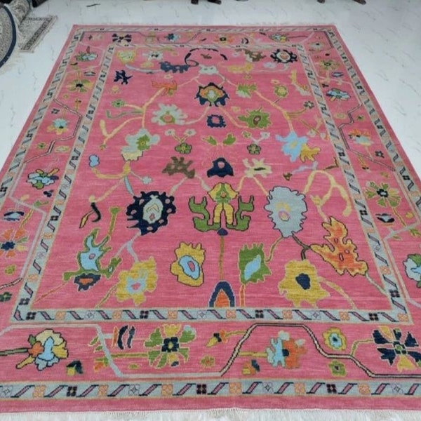 Luxurious Pink Hand Knotted Oushak Rug, 6x9 8x10 Vintage Rug for Home and Living Made With Wool