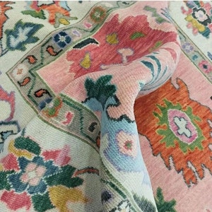 Pink and Light Green Hand-Knotted Oushak Rug 8x10 9x12 Vintage Area Wool Rug, Bohemian Wool Carpet