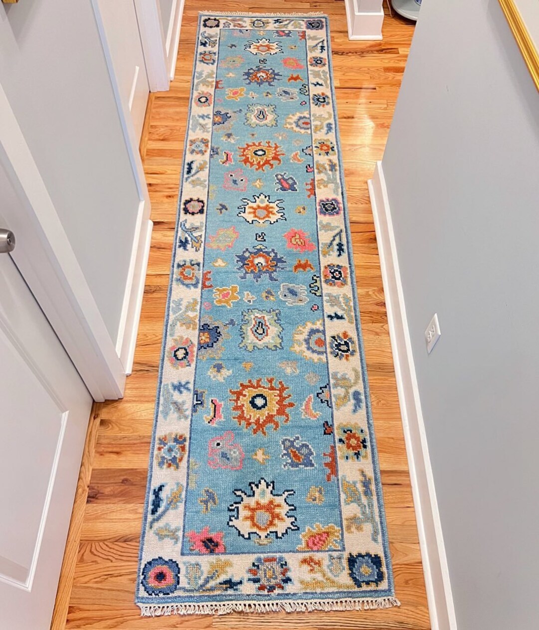 Blue Hall Rug Oushak Runner Hallway Rug, Light Blue Rug With Vibrant Floral and ...