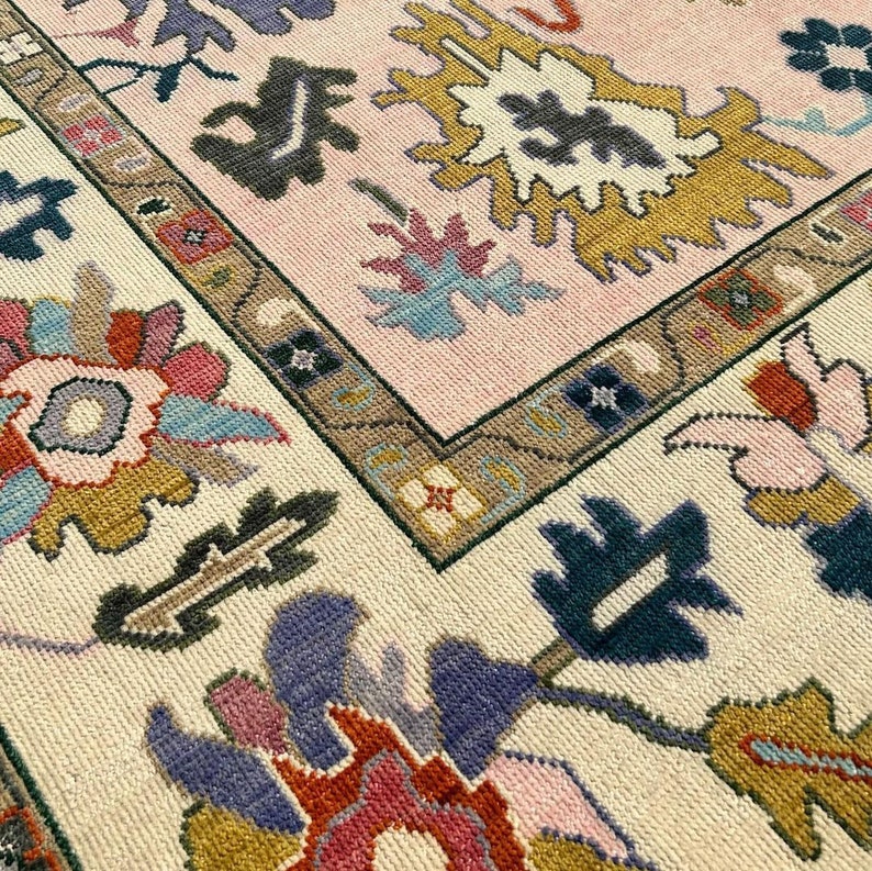 Pink and Light Green Handknotted Oushak Rug 8x10 9x12 Vintage Area