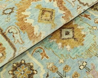 Gold Turkish Knotted Persian Oushak Rug 6x9 8x10 9x12 Vintage Sky Blue Carpet for Living room and Bedroom