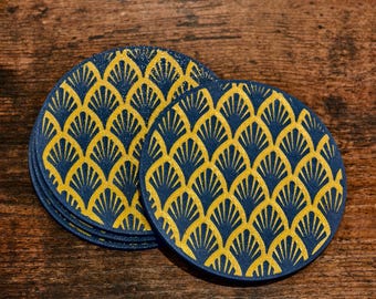 Gatsby Inspired Blue & Gold Coaster Set 1920, Art Deco Style, jazz, speakeasies
