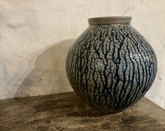 SAlt fired Vase with blue, runny Glaze