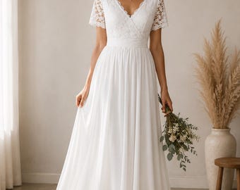 Robe de Mariée Bohème Longue Blanche–Col V Dentelle,Manches Courtes,Taille Empire,Coupe Fluide Élégante,Robe de Mariage Champêtre et civil