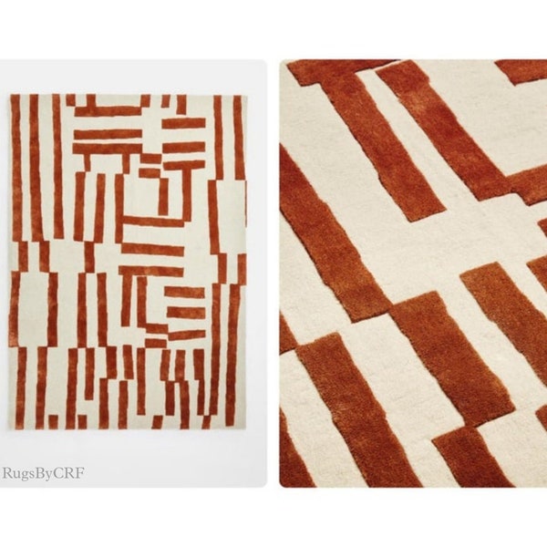 Jarrett Rug, Rust Hand Tufted Rust And Medium White New Zealand Woolen Area Rug for Living room, Bedroom, Farmhouse and for Home decor