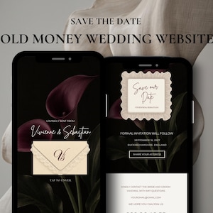 May include: Two smartphones displaying a wedding website template with a dark background featuring deep purple calla lilies. The screens show text including SAVE THE DATE, OLD MONEY WEDDING WEBSITE, Vivienne & Sebastian, and Save our Date.