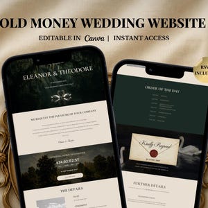 May include: Two smartphones displaying a wedding website design. The screens show elegant layouts with dark green and cream color schemes. Text includes "Eleanor & Theodore", "Order of the Day", and "RSVP Included". The phrase "Old Money Wedding Website" is at the top.