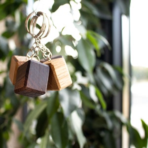 Può includere: Tre portachiavi in legno con un anello di metallo argentato. I portachiavi hanno la forma di un cubo e sono realizzati in diversi tipi di legno. I portachiavi sono appesi a una pianta.