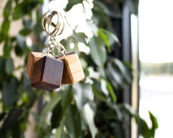Handmade Keyring | Modern Keyring | Walnut And Oak Cube Wood Keychain | Keyring Gift