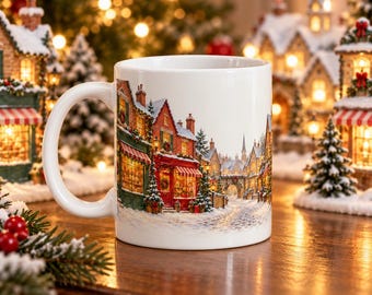 Christmas Village Mug, Snowy European Street Coffee Cup, 11 oz Ceramic Mug.