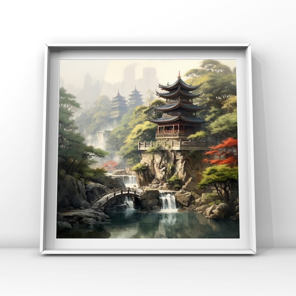 Timeless Pavilions: Traditional Ink Painting - Cultural Art, Elegant Wall Decor, Perfect Gift for Architecture Enthusiasts