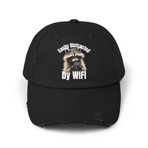 Distressed Baseball Cap, Easy Distracted By wifi, Tech Raccoon Hat, Unisex Headwear, Vintage Style Cap