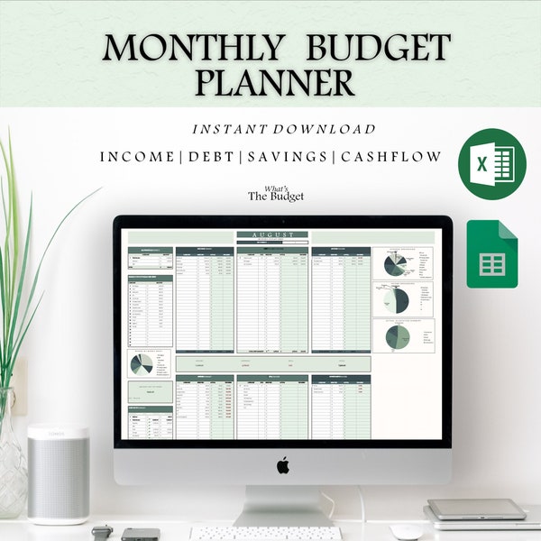 Simplistic Monthly Budget Planner | Income Tracker | Debt Calculator | Savings Progress | Smart Charts | Google Sheets & Excel - Green