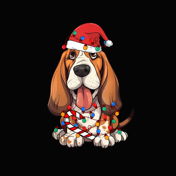 Basset Hound Santa Christmas Lights Dog Lover Xmas Pajama Png, Merry Christmas, Funny Christmas, Cute Christmas Png Download