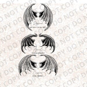 May include: Three black and white illustrations of wings with text underneath each set of wings. The top set of wings has the text "Rhysand High Lord of the Night Court". The middle set of wings has the text "Azriel Spymaster Shadowbringer". The bottom set of wings has the text "Cassian General Commander".