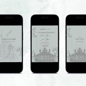 May include: Three mobile phone screens displaying wedding invitations with a light blue background and black and white illustrations of a couple, a gate, and a gate with floral accents. The text on the invitations reads "Farhana & Amir" and "The wedding of Farhana Khan & Amir Khan".