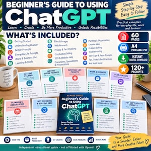 May include: A digital guide titled Beginner's Guide to Using ChatGPT, featuring a central manual and multiple informational cards. The content covers topics like prompts, work, business, and organization, with icons and text detailing 60 pages of content.