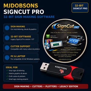 Może przedstawiać: Czarno-czerwona pamięć USB Kootion umieszczona pod okrągłą grafiką oprogramowania do tworzenia znaków MJDobson SignCut Pro 32-bit. Grafika przedstawia ploter tnący, interfejs oprogramowania oraz tekst dotyczący kompatybilności z systemem Windows 7.