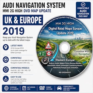 May include: An Audi Navigation System MMI 2G High DVD map update for UK and Europe 2019. The disc features a highway landscape with road signs and a compass. Text includes Audi Navigation System, MMI 2G High, Digital Road Maps Europe Update 2019.