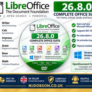 May include: A physical installation DVD for LibreOffice 26.8.0 complete office suite. The disc features the LibreOffice logo, version number, and icons for Writer, Calc, Impress, Draw, Base, and Math. It is compatible with Windows 10 and 11.