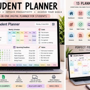 Puede incluir: Un planificador estudiantil digital en la pantalla de una computadora portátil, con secciones para tareas, horarios semanales, metas, seguimiento de hábitos, fechas límite y notas. Incluye trece pestañas coloridas, iconos y etiquetas.