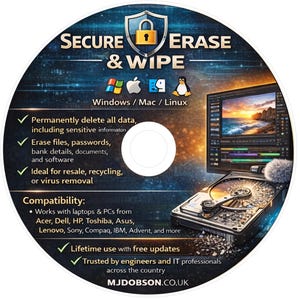 May include: A CD with the text "SECURE ERASE & WIPE" and Windows, Mac, and Linux logos. The disc promises to permanently delete data, erase files, and is compatible with various laptop and PC brands. The disc has a picture of a hard drive.