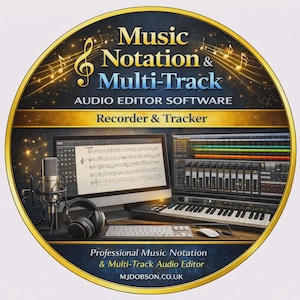 Könnte beinhalten: Ein kreisförmiges Software-Disc-Label mit dem Text Music Notation & Multi-Track Audio Editor Software Recorder & Tracker. Das Design zeigt ein Studio-Setup mit Mikrofon, Kopfhörern, Computermonitoren mit Notenblättern und einer Tastatur.