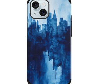 May include: A blue watercolor cityscape phone case with a white background. The case features a silhouette of a city skyline with tall buildings and a cloudy sky.
