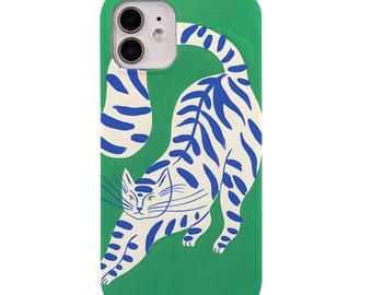 Funda de teléfono animal Green Blue Stripe Tiger funda de teléfono Ilustración funda de teléfono iPhone X SE 7 8 11 12 13 14 15 Plus Pro Max caso