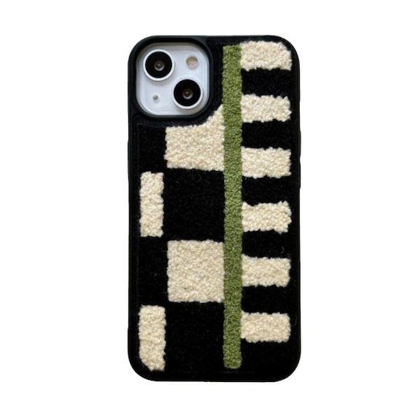 Funda bordada para iPhone / Diseño geométrico con rompecabezas, tablero de ajedrez, vaca y flores / Serie iPhone 12-17