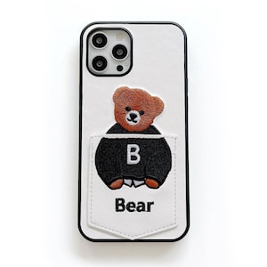 Funda para iPhone con bolsillo bordado, tarjetero en blanco y negro, funda para iPhone, bonita funda de oso marrón, funda para iPhone X, 7, 8, 11, 12, 13, 14, 15, 16, Mini Plus, Pro Max