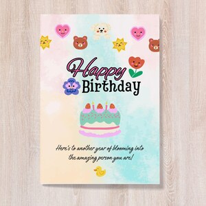 Carte d'anniversaire détaillée peinture mignonne, fond pastel carte de souhaits d'anniversaire détaillée avec tulipe, fleur de pensée, chien, ours et canard