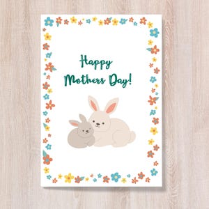 Karte zum Muttertag mit Blumen und Kaninchen, Karte für Oma zum Muttertag, Glückwunschkarte für Mama, Glückwunschkarte zum Muttertag
