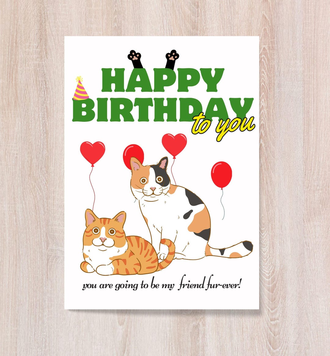 Birthday Card Cat Lover Calico Kitty in Tulip Flower Field