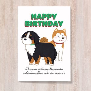 Shiba et carte d'anniversaire sur le thème du bouvier bernois, carte de souhaits imprimable et numérique, carte de voeux avec des chiens, carte d'anniversaire pour les amoureux des chiens