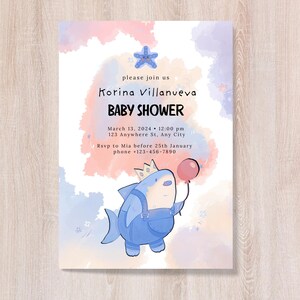 Carte d'invitation de baby shower avec un requin et un ballon rose, modèle d'invitation de baby shower pour garçon ou fille, conception d'invitation de baby shower colorée