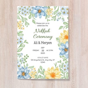 花柄のニッカ式招待状テンプレート、緑と黄色の花を使ったイスラム教徒の結婚式招待状