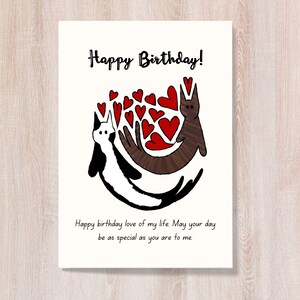 Calico Cat and Tuxedo Cat Birthday Card, Hand Drawn Cat Wish Card, Wish Card for Girlfriend, Wish Card for Boyfriend, Birthday Card to Lover