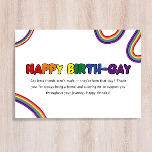 Tarjeta de cumpleaños para amigos gays, tarjeta de felicitación de cumpleaños para LGBTQ+, tarjeta para personas queer, tarjeta de feliz cumpleaños LGBTQ+, tarjeta de cumpleaños gay para imprimir